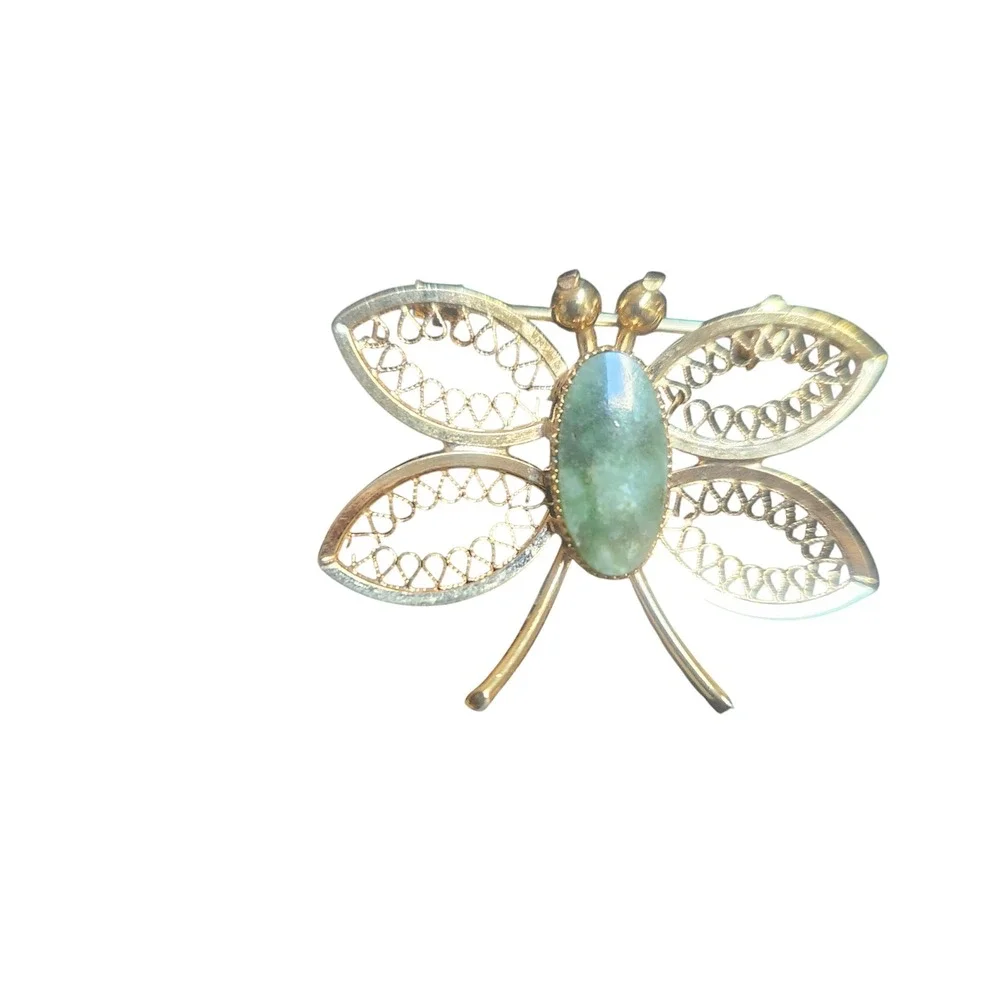 Vintage Gold Tone Filigree Butterfly Brooch Green Jade Cabochon Insect Pin